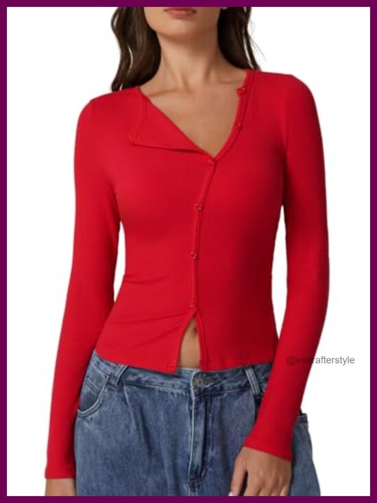 Tops - Long Sleeve Ribbed Crewneck Top with Upper Button Fastening Going Out Tops